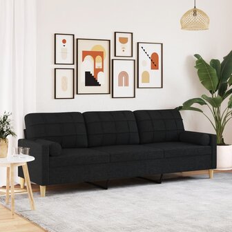 3-zitsbank met sierkussens 210 cm stof zwart 1