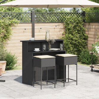 3-delige Tuinbarset met kussens poly rattan zwart 3