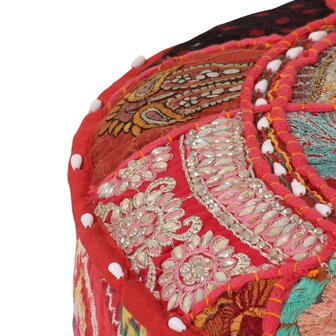 Poef patchwork rond handgemaakt 40x20 cm katoen rood 3