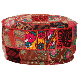 Poef patchwork rond handgemaakt 40x20 cm katoen rood 6