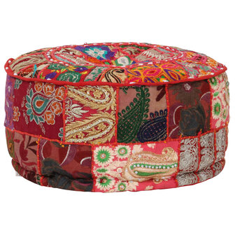 Poef patchwork rond handgemaakt 40x20 cm katoen rood 7
