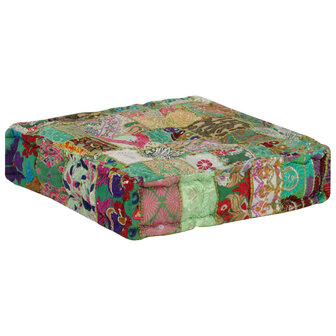 Poef patchwork vierkant handgemaakt 50x50x12 cm katoen groen 3