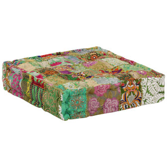 Poef patchwork vierkant handgemaakt 50x50x12 cm katoen groen 7