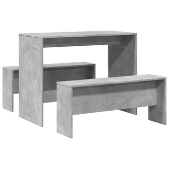 3-delige Eettafel en bankenset bewerkt hout betongrijs 2