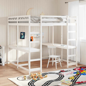 Hoogslaper met bureau en ladder grenenhout wit 140x200 cm 1