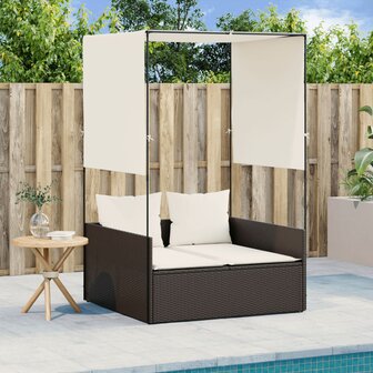 Ligbed tweepersoons met dak en gordijn poly rattan bruin 1