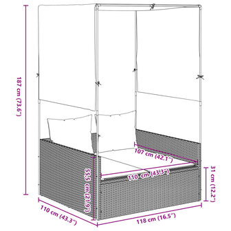 Ligbed tweepersoons met dak en gordijn poly rattan grijs 8