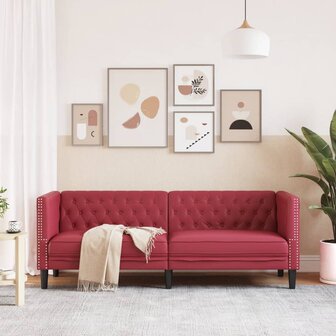 Driezitsbank Chesterfield-stijl kunstleer wijnrood 3
