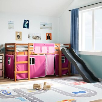 Kinderhoogslaper met gordijnen 90x190 cm grenenhout roze 1