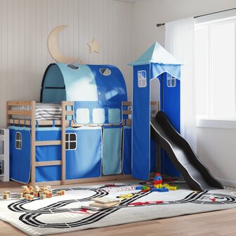 Stapelbed met glijbaan en gordijnen blauw 90x200 cm 1
