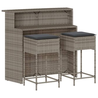 3-delige Tuinbarset met kussens poly rattan grijs 2