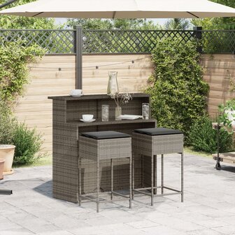 3-delige Tuinbarset met kussens poly rattan grijs 3