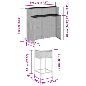 3-delige Tuinbarset met kussens poly rattan grijs 8