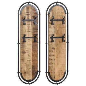 Wandkapstokken 2 st met 4 haken massief ruw mangohout 1