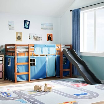 Kinderhoogslaper met gordijnen 90x190 cm grenenhout blauw 1