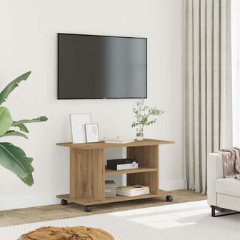 Tv-meubel met wieltjes 80x40x45cm bewerkt hout artisanaal eiken 1