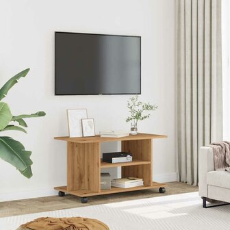 Tv-meubel met wieltjes 80x40x45cm bewerkt hout artisanaal eiken 3