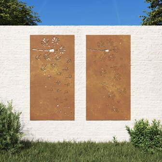 Wanddecoratie tuin 2 st bloemenontwerp 105x55 cm cortenstaal 1