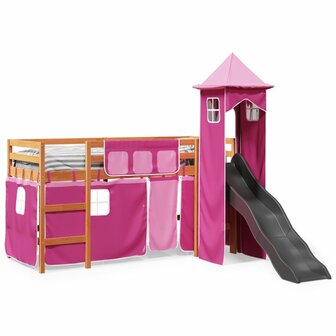 Kinderhoogslaper met toren 80x200 cm massief grenenhout roze 3
