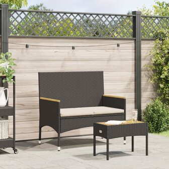 Tuinbank 2-zits met kussens en tafel poly rattan zwart 1