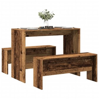 3-delige Eettafel en bankenset bewerkt hout oud houtkleurig 1