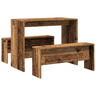 3-delige Eettafel en bankenset bewerkt hout oud houtkleurig 6