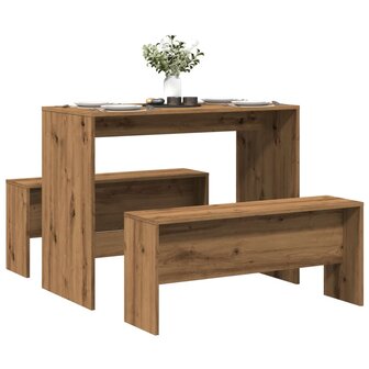3-delige Eettafel en bankenset bewerkt hout artisanaal eiken 1