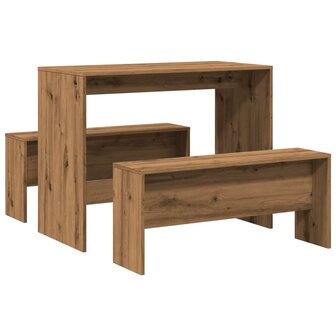 3-delige Eettafel en bankenset bewerkt hout artisanaal eiken 2