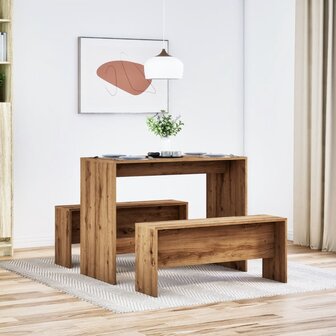 3-delige Eettafel en bankenset bewerkt hout artisanaal eiken 3