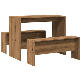 3-delige Eettafel en bankenset bewerkt hout artisanaal eiken 6