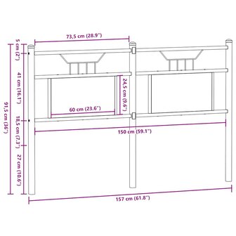 Hoofdbord 150 cm bewerkt hout en staal gerookt eikenkleurig 8