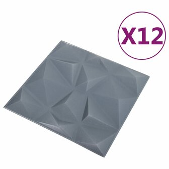12 st Wandpanelen 3D diamant 3 m&sup2; 50x50 cm grijs 3
