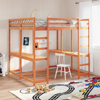 Hoogslaper met bureau en ladder grenenhout wasbruin 140x200 cm 1
