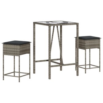 3-delige Tuinbarset met kussens poly rattan grijs 2