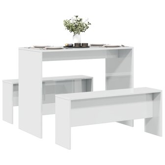 3-delige Eettafel en bankenset bewerkt hout hoogglans wit 1