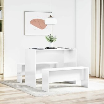 3-delige Eettafel en bankenset bewerkt hout hoogglans wit 3