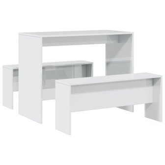 3-delige Eettafel en bankenset bewerkt hout hoogglans wit 6