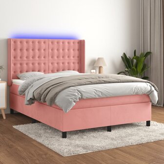 Boxspring met matras en LED fluweel roze 140x200 cm 1