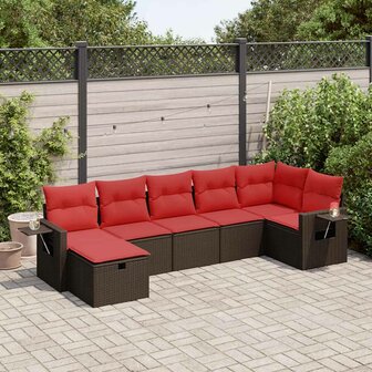 7-delige Loungeset met kussens poly rattan bruin 1