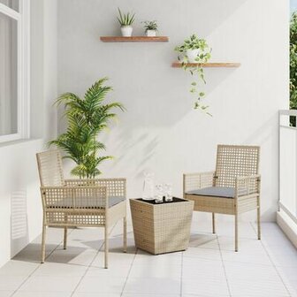 3-delige Tuinbistroset met kussens poly rattan beige 1