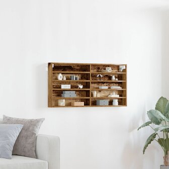 Vitrinekast wandgemonteerd bewerkt hout oud houtkleurig 1