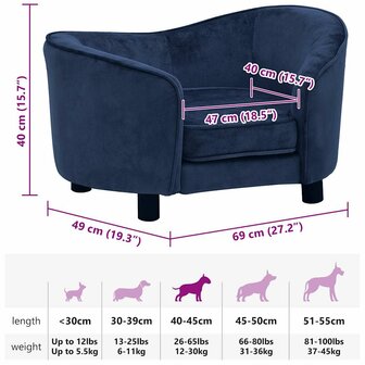 Hondenbank 69x49x40 cm pluche blauw 9
