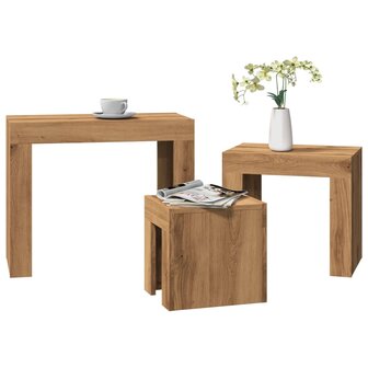 3-delige Tafeltjesset bewerkt hout artisanaal eikenkleurig 1