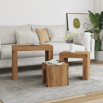 3-delige Tafeltjesset bewerkt hout artisanaal eikenkleurig 3