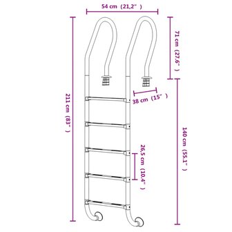 Zwembadladder 54x38x211 cm 304 roestvrij staal 6