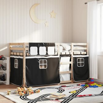 Stapelbed met gordijnen 90x190 cm grenenhout wit en zwart 1