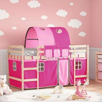Kinderhoogslaper met tunnel 90x200 cm massief grenenhout roze 1