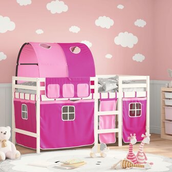 Kinderhoogslaper met tunnel 90x200 cm massief grenenhout roze 1