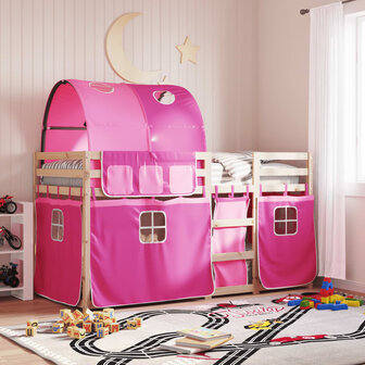 Stapelbed met gordijnen 90x190 cm grenenhout roze 1