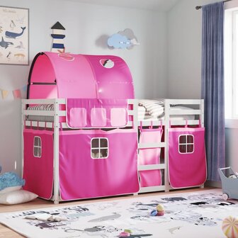 Stapelbed met gordijnen 90x190 cm grenenhout roze 1